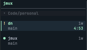 jmux sidebar showing cache timer countdown on a session