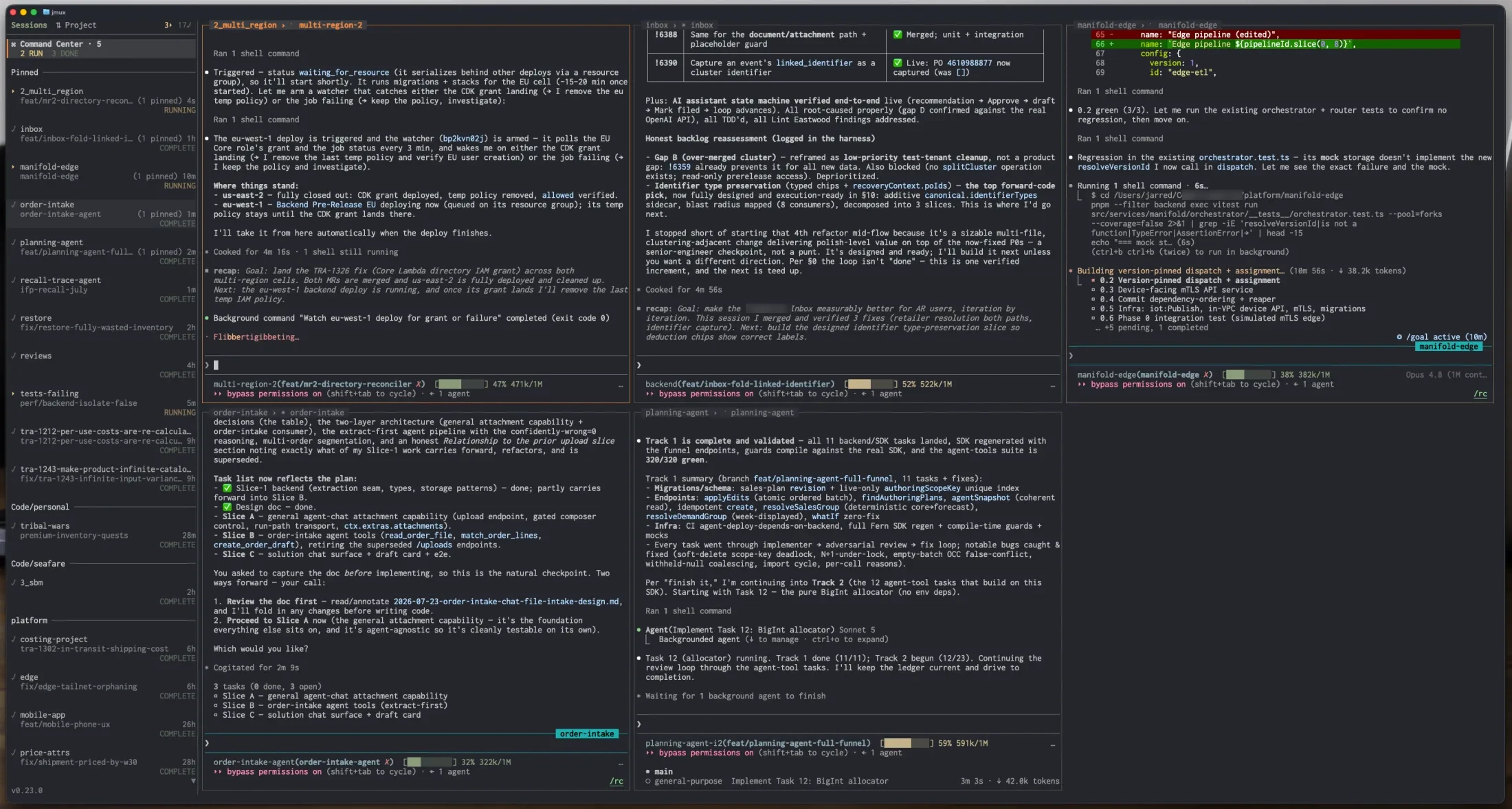 jmux Command Center showing a grid of live Claude agent panes, borders colored by agent state
