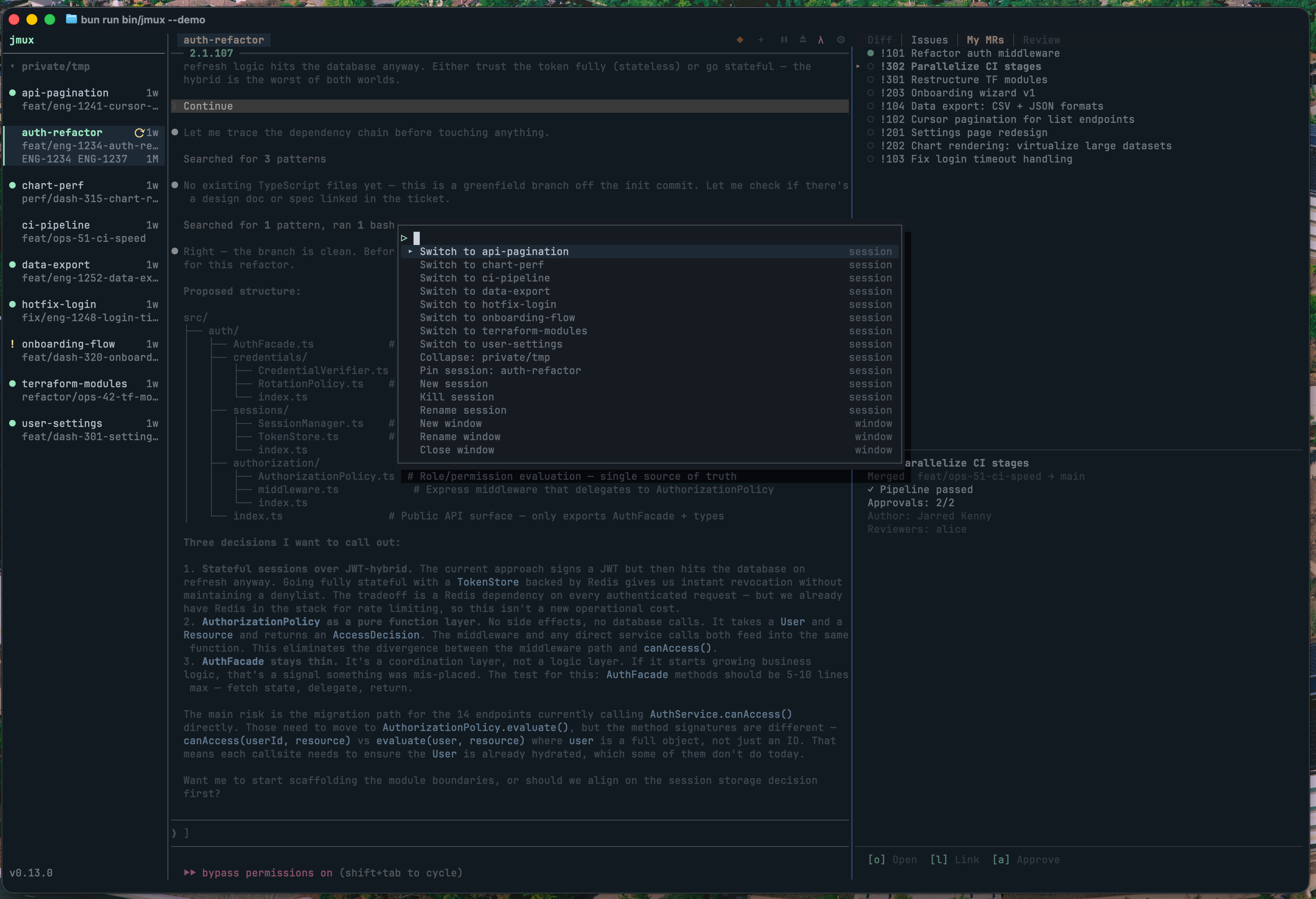 jmux command palette floating over a workspace with sessions, Claude Code, and htop