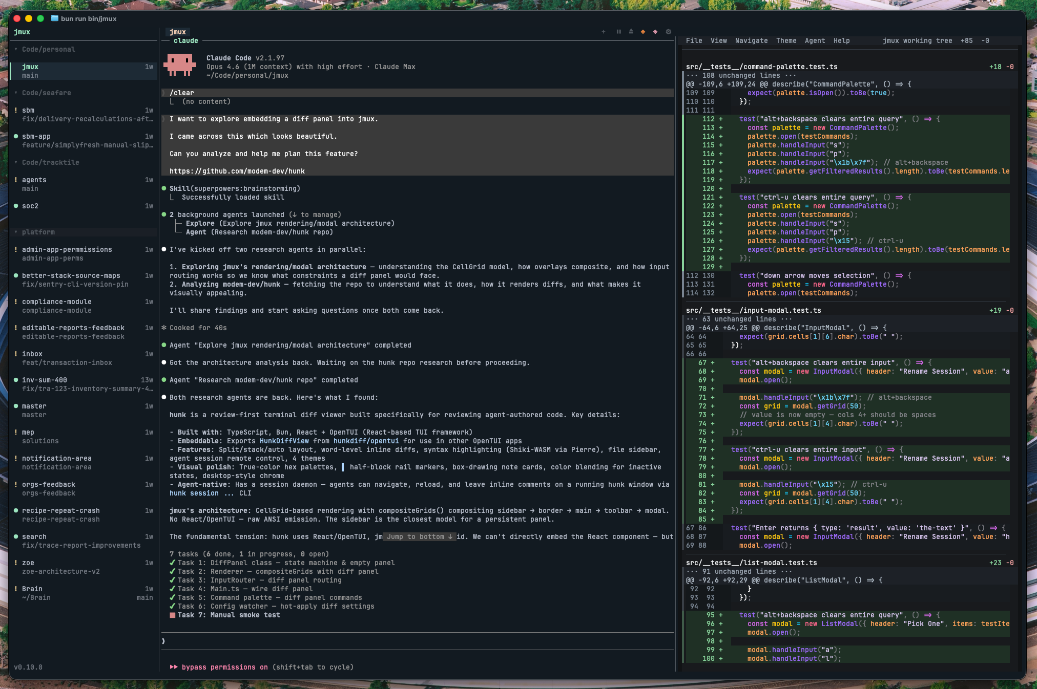 jmux with integrated diff panel showing code changes alongside Claude Code in split mode