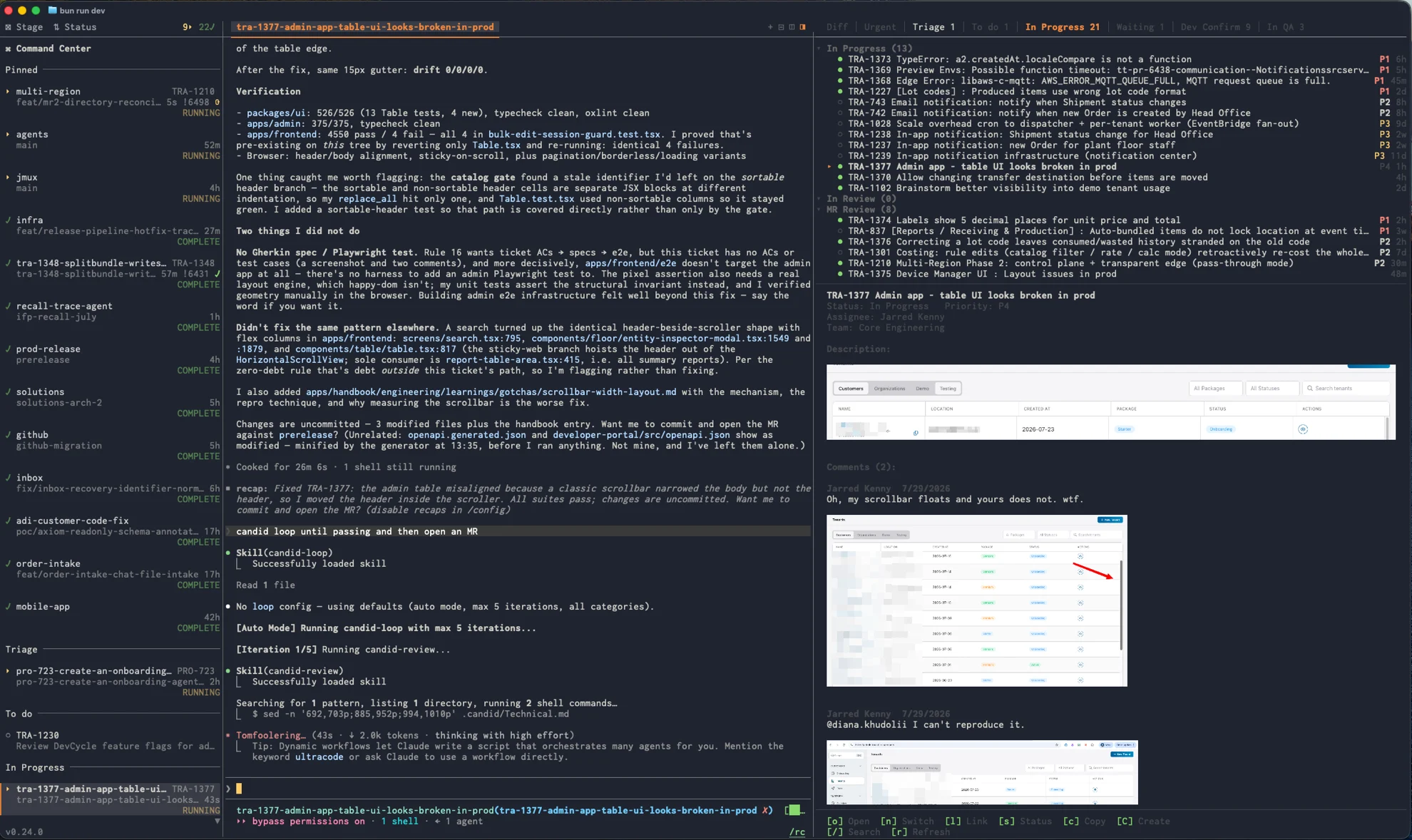 jmux with an agent session running beside the info panel, where a tracker issue's attached screenshots render as real pictures