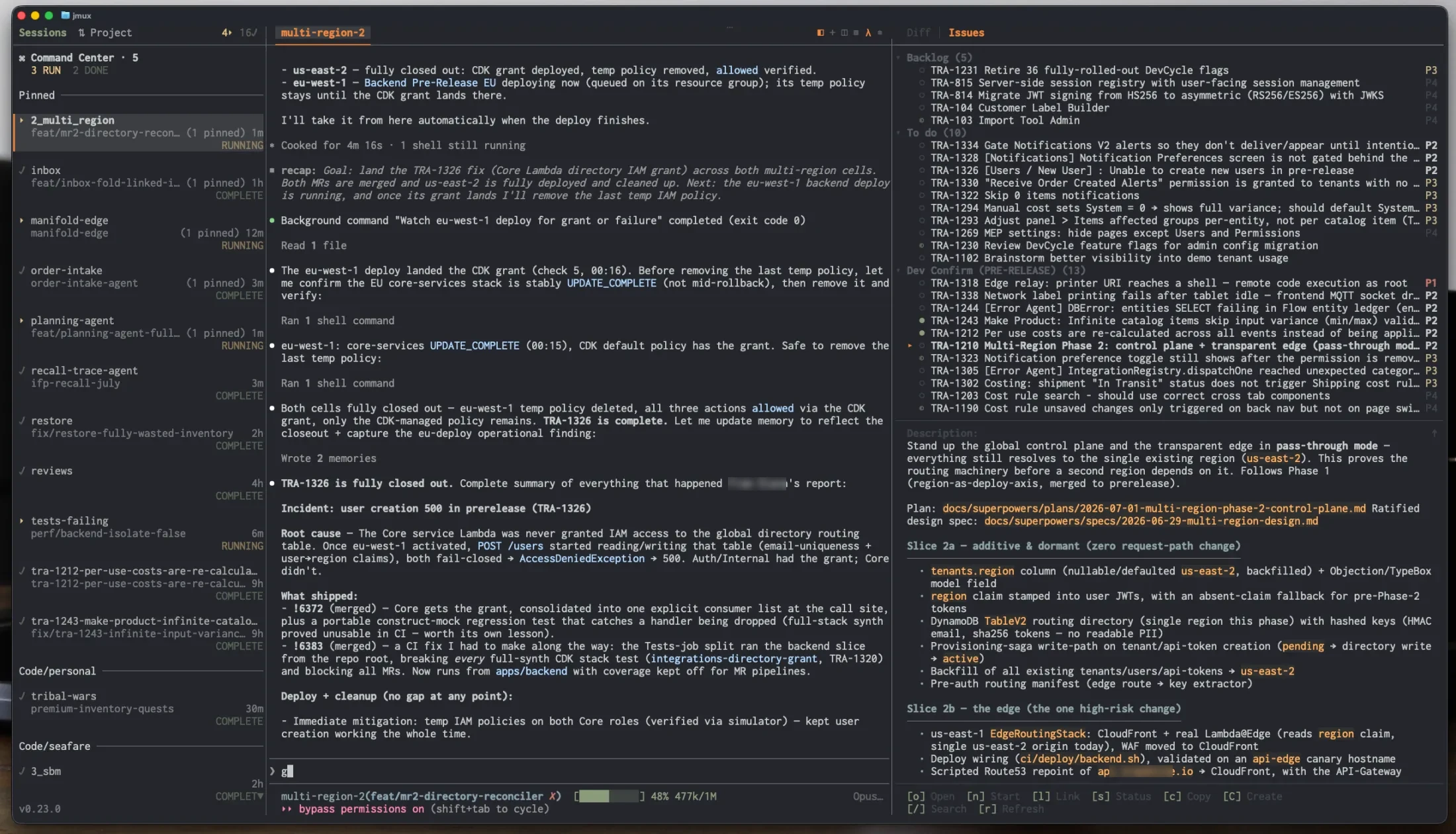 jmux info panel showing Linear issues alongside a session
