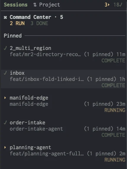 jmux session sidebar showing grouped sessions, activity dots, and agent-state flags