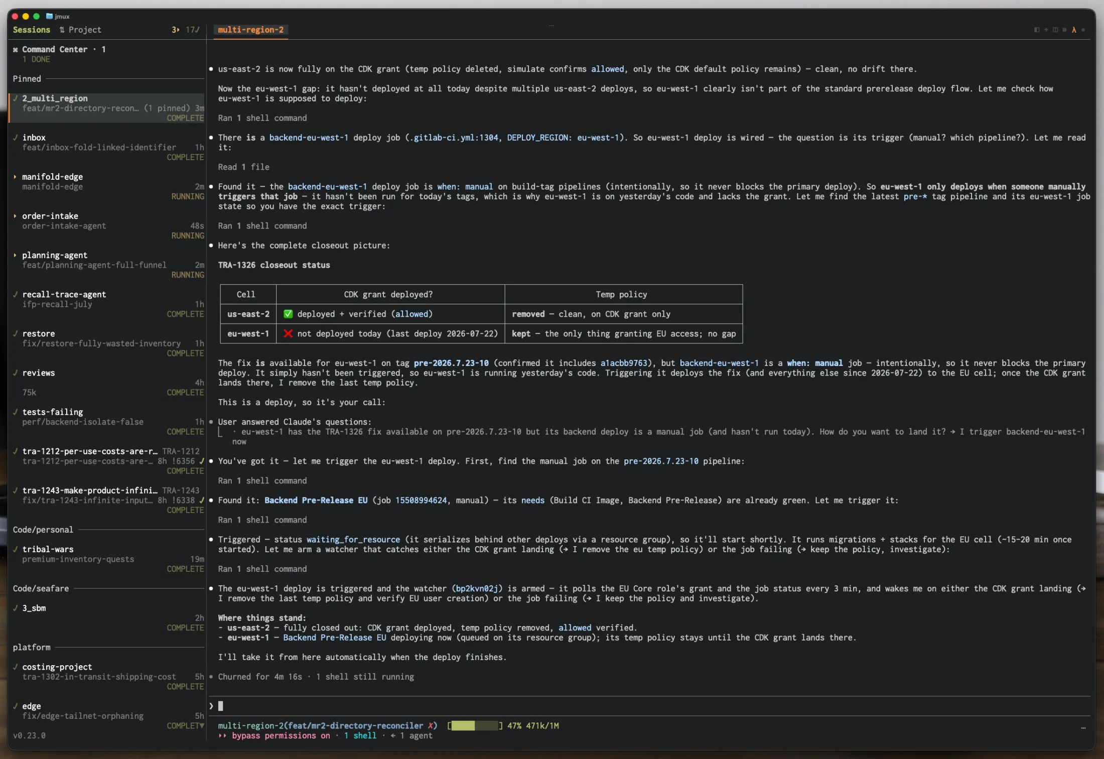 jmux in a dark terminal theme: sidebar, window tabs, and a Claude Code session